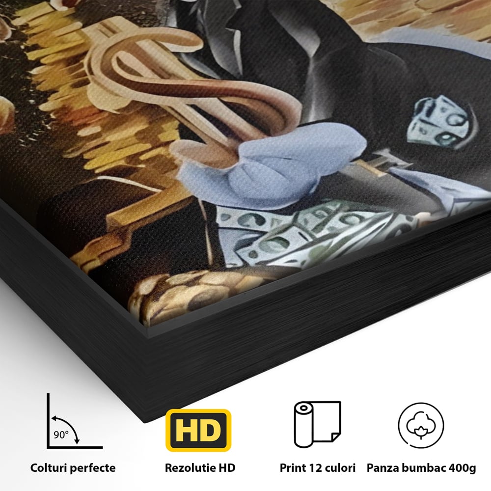 Detaliu al suprafetei: tablou canvas cu scrooge duck si bani, in rama de aluminiu negru